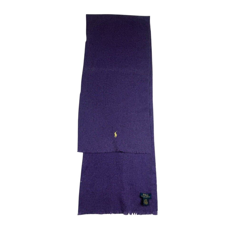 Polo Ralph Lauren Purple Wool Scarf Made in Italy Embroidered Pony Fringe